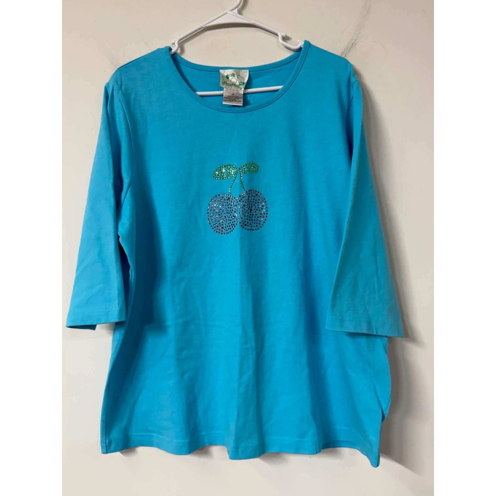 Quacker Factory Women 1X Blue Top T-Shirt Rhinestone Cherry 3/4 Sleeve Cotton